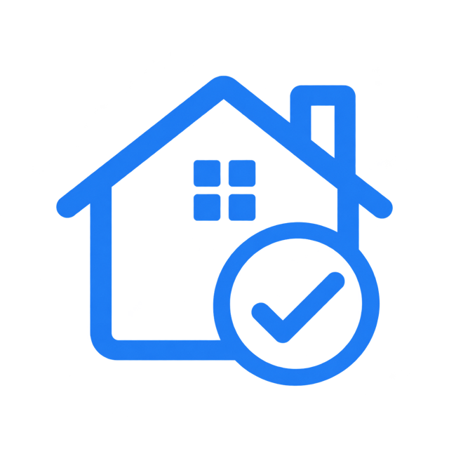 Blue house icon with a four-pane window, chimney, and checkmark inside a circle