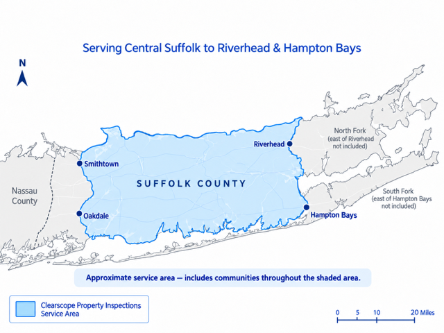 Map showing Clearscope Property Inspections service area across Suffolk County, from Smithtown and Oakdale to Riverhead and Hampton Bays.