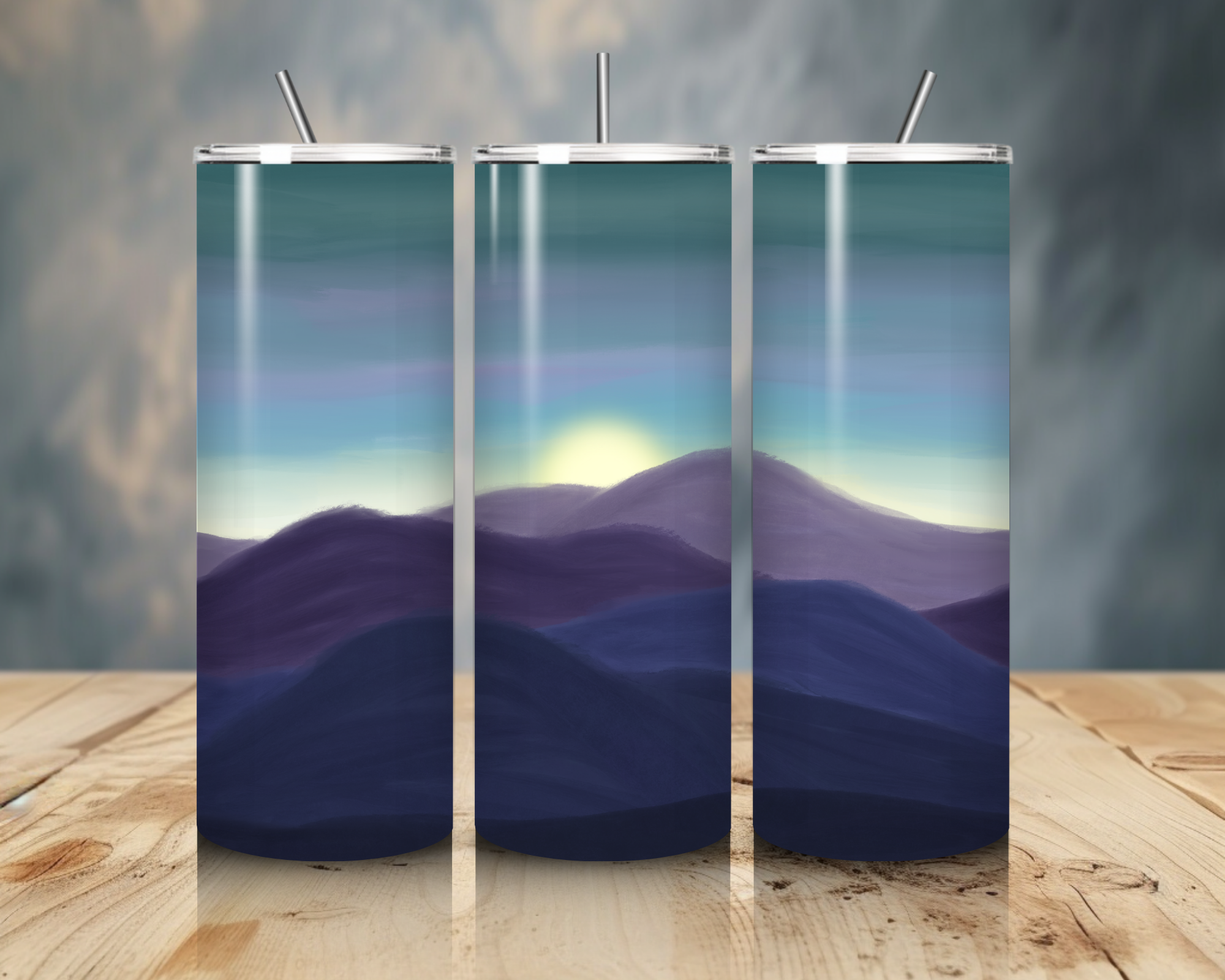 Watercolor Blue Mountain Sunrise 20oz Tumbler – Serene Landscape Stainless Steel Travel Cup – Nature Inspired Coffee Tumbler with Straw