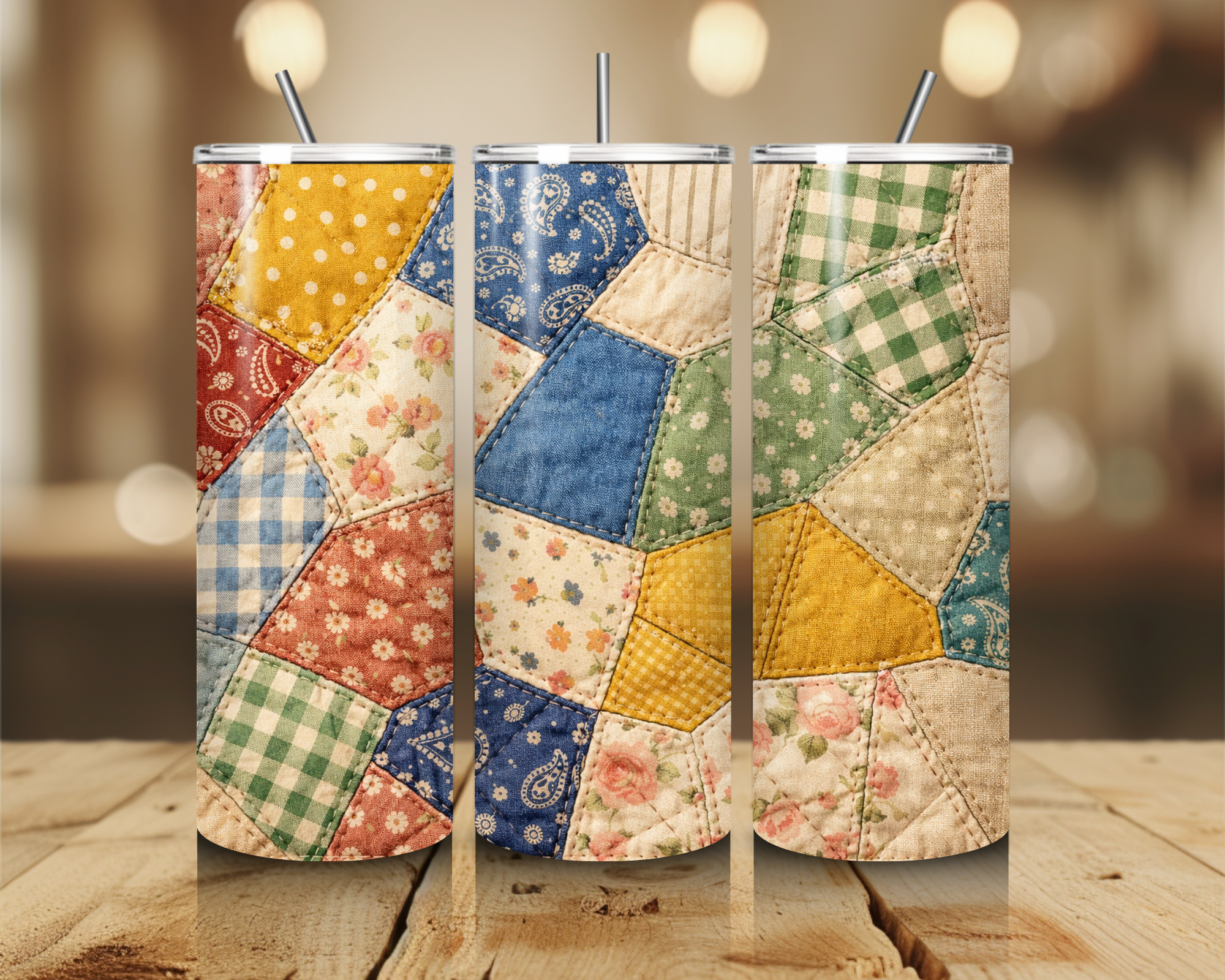 Vintage Patchwork Quilt 20oz Skinny Tumbler with Straw | Farmhouse Floral Gingham Cup | Rustic Country Drinkware | Gift for Her