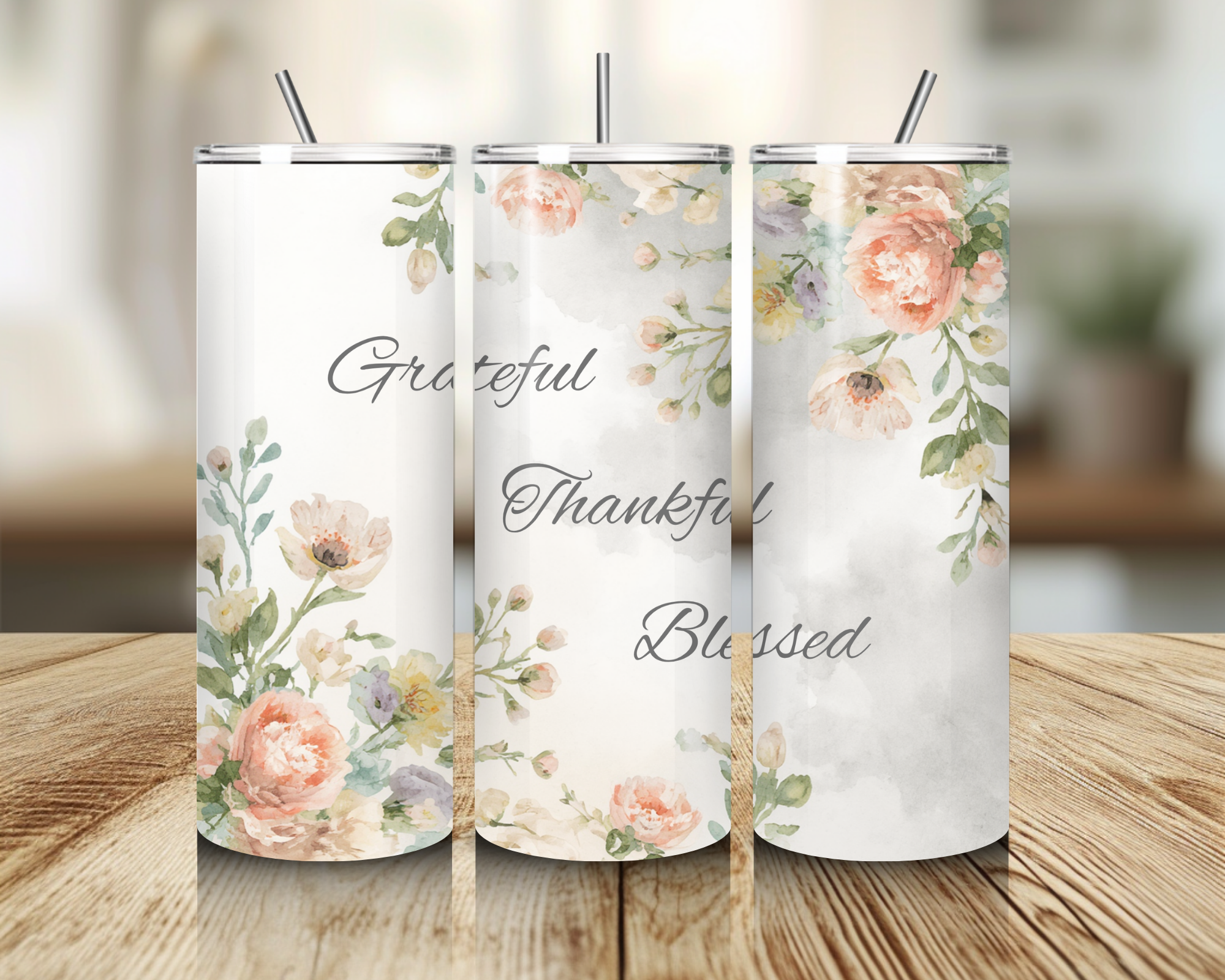 Grateful Thankful Blessed Tumbler – 20oz Skinny Floral Tumbler with Straw | Christian Gift for Women | Faith Inspirational Cup