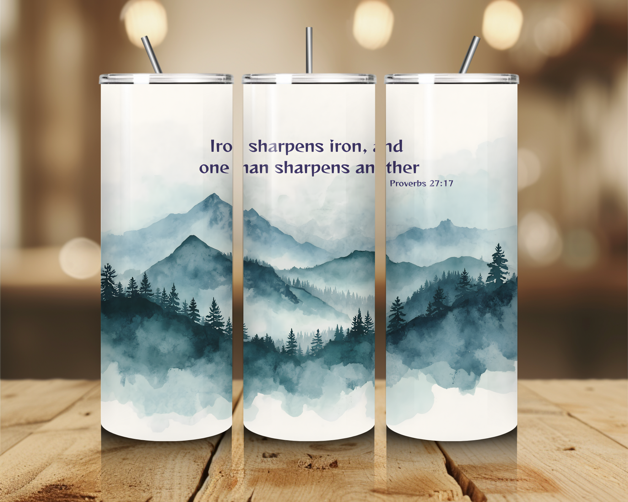 Proverbs 27:17 20oz Skinny Tumbler with Straw | Iron Sharpens Iron Christian Cup | Mountain Faith Drinkware | Gift for Him or Her