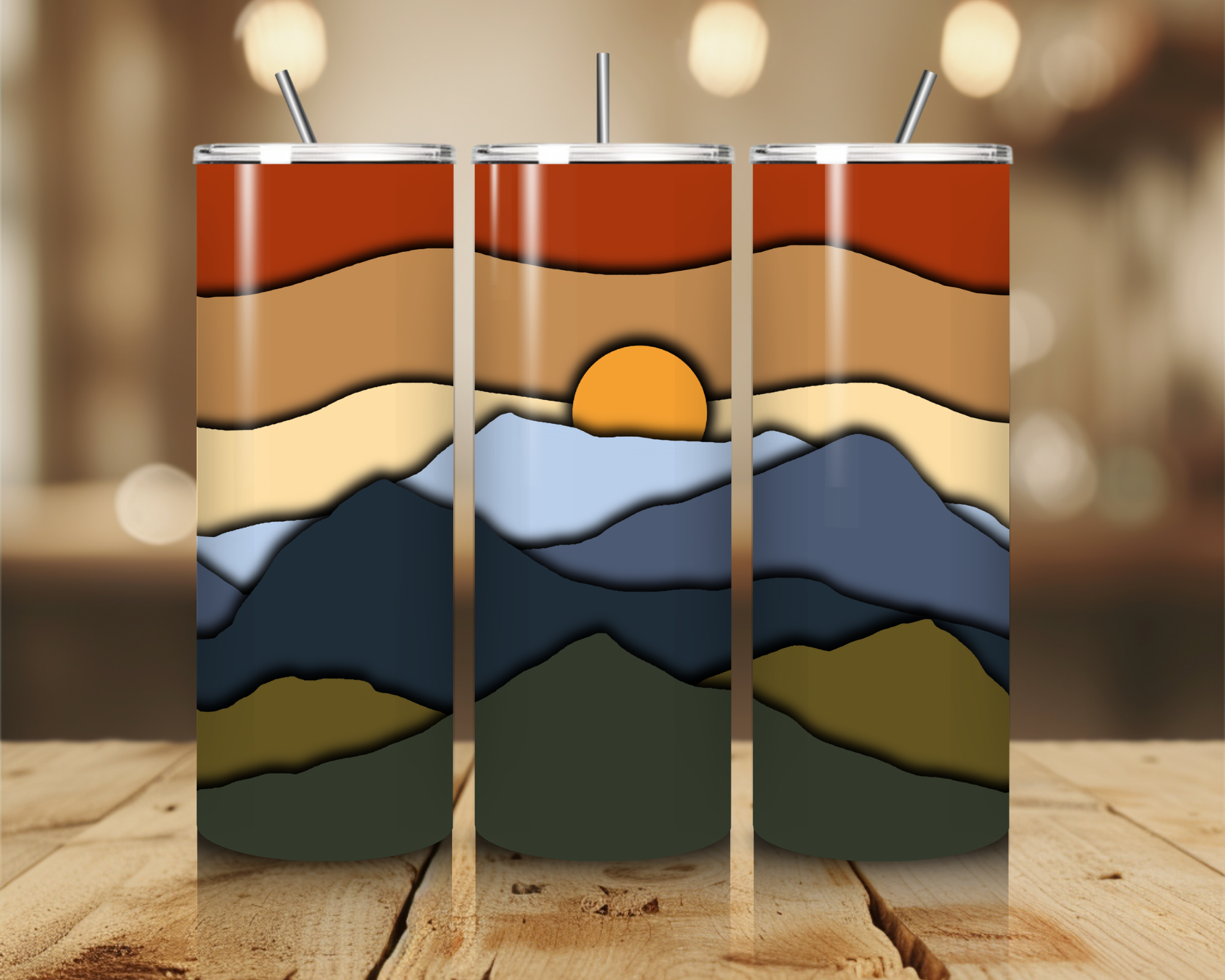 Mountain Sunset 20oz Tumbler – Retro Landscape Stainless Steel Cup – Nature Lover Travel Mug – Adventure Mountain Tumbler with Straw