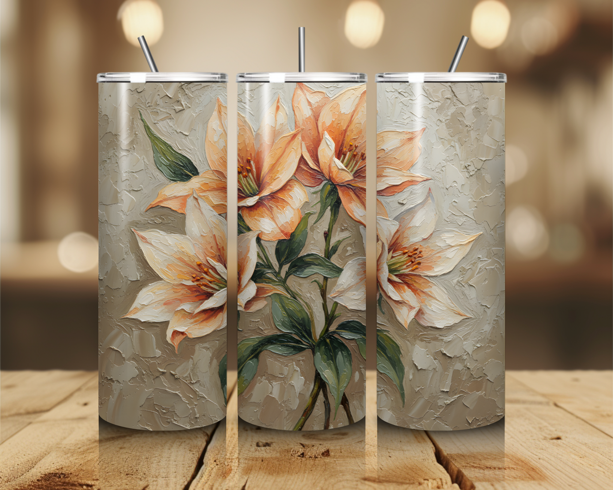 Neutral Floral Lily Tumbler – 20oz Skinny Tumbler with Straw | Vintage Oil Painting Flower Cup | Elegant Gift for Women