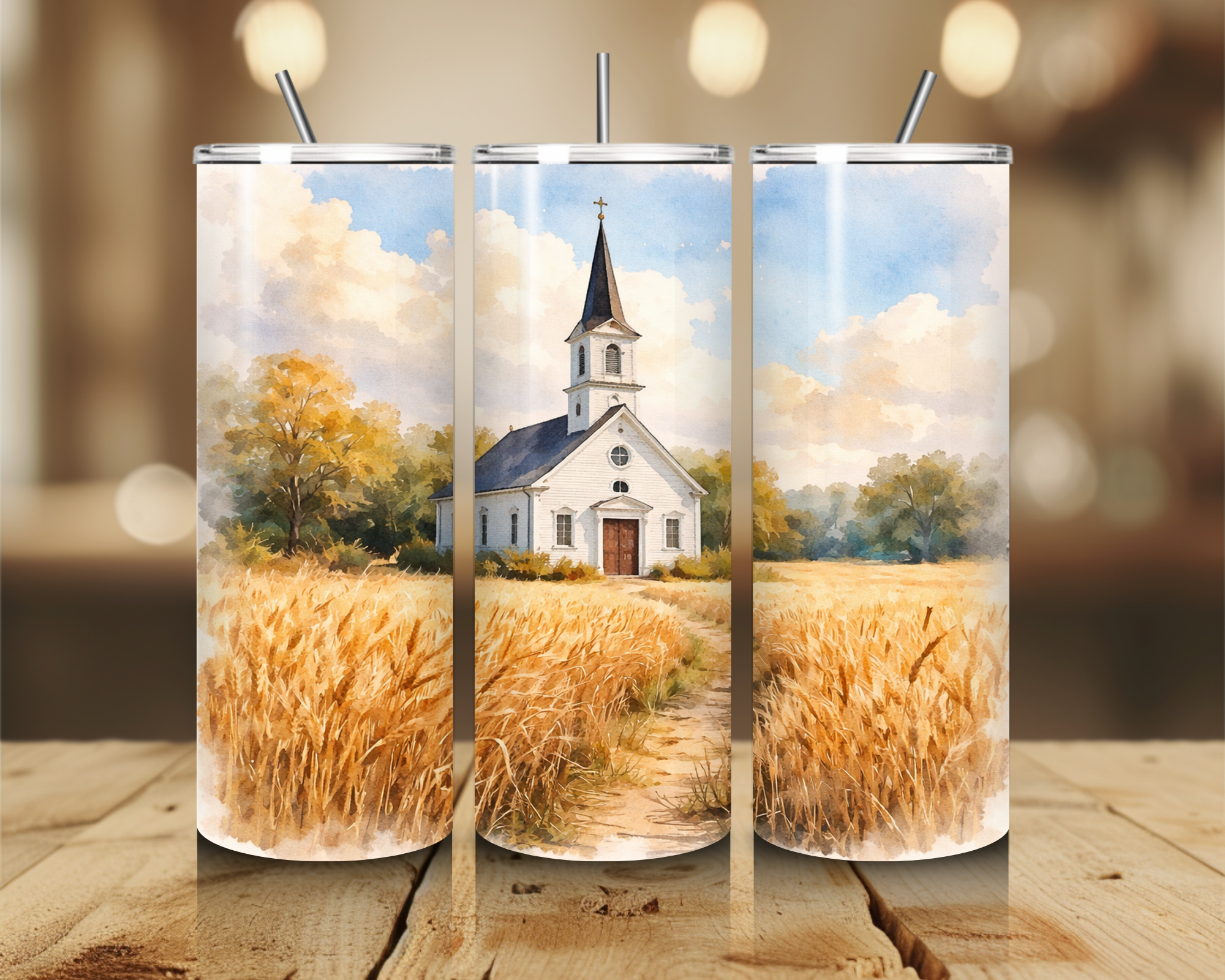 Country Church in Wheat Field 20oz Tumbler – Christian Farmhouse Stainless Steel Travel Cup – Rustic Church Landscape Coffee Tumbler