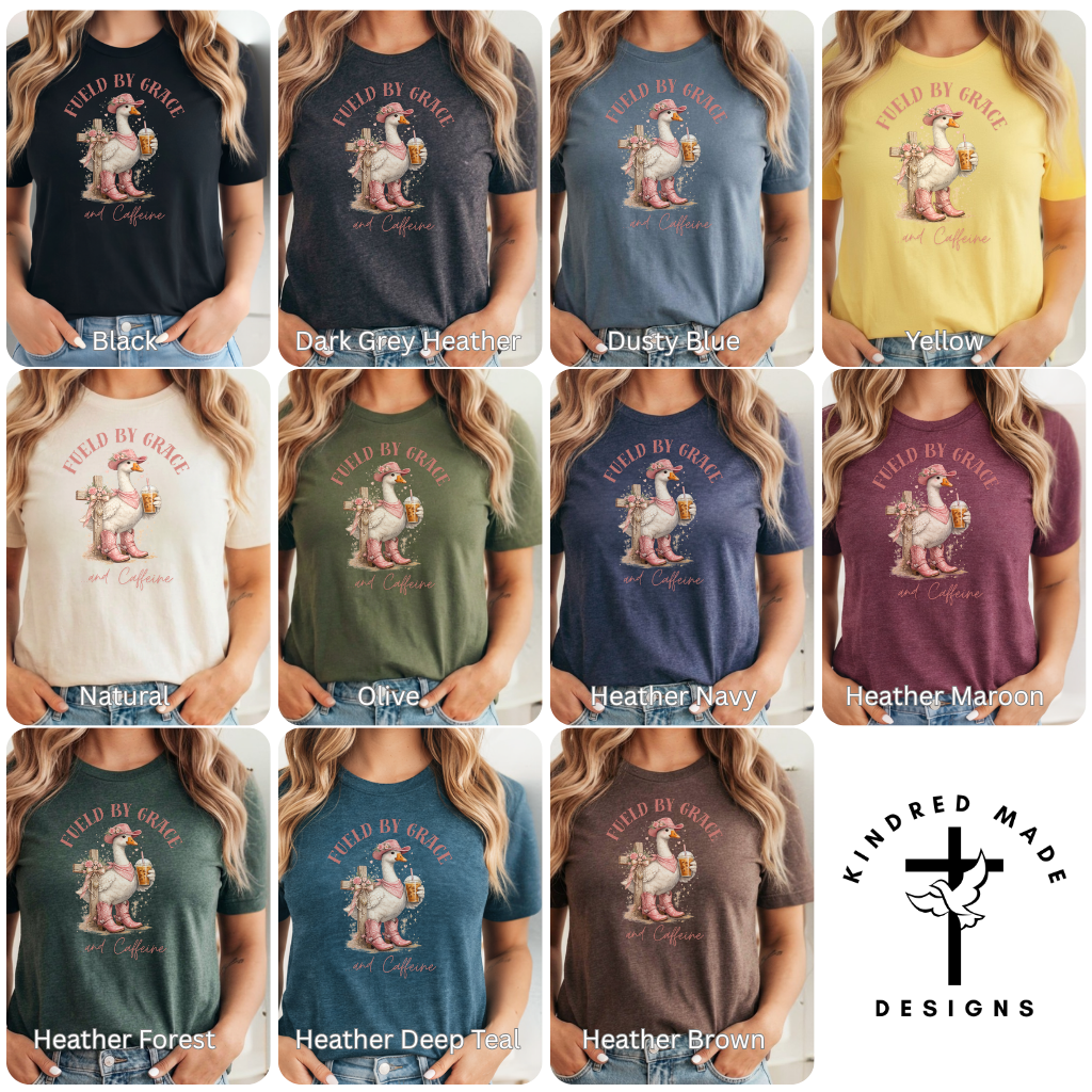 Fueled by Grace and Caffeine Shirt – Christian Western Goose Tee, Faith Graphic T-Shirt, Cute Cowgirl Church Shirt, Women’s Christian Apparel