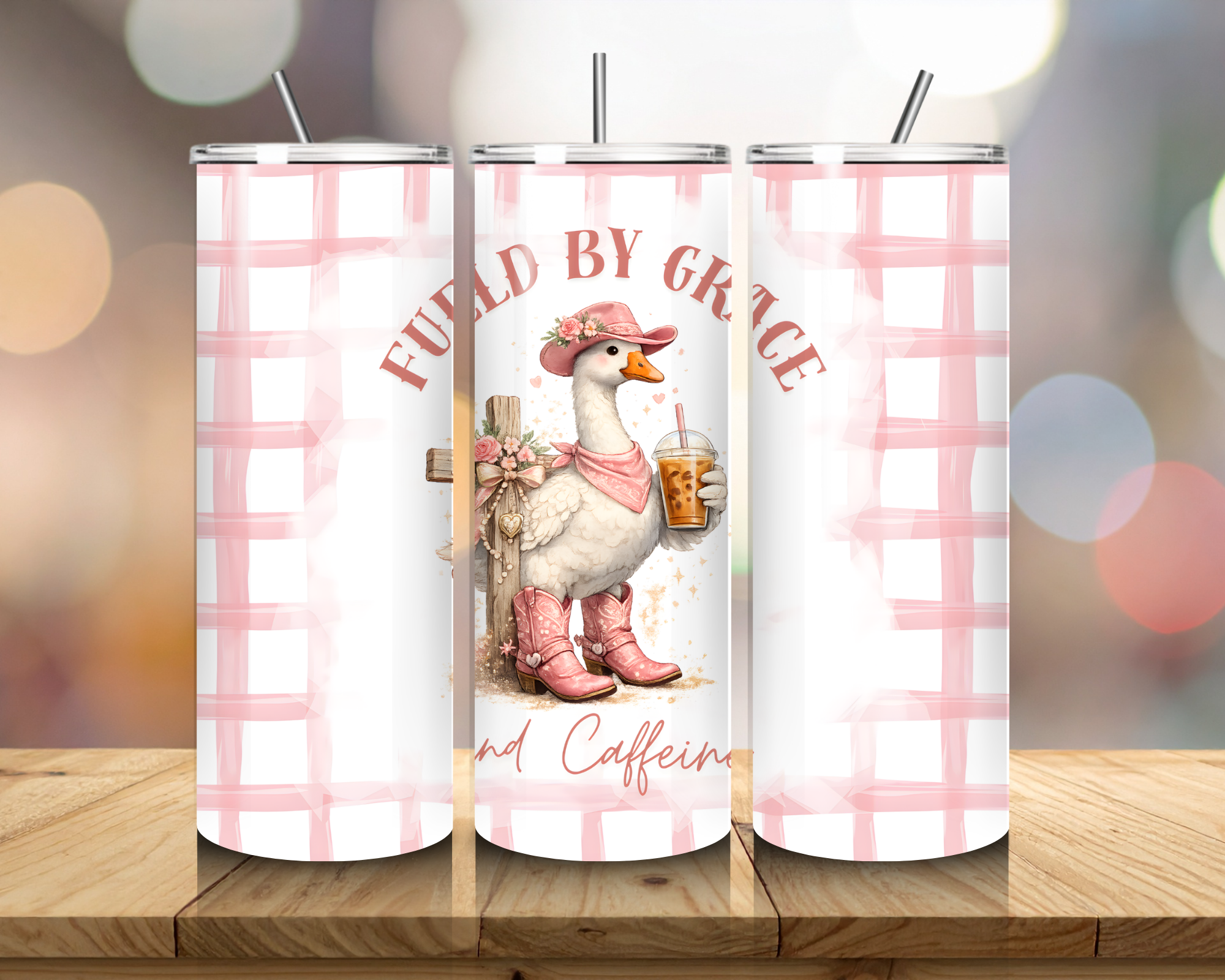 Fueled by Grace & Caffeine 20oz Skinny Tumbler with Straw | Cute Cowgirl Goose Cup | Christian Western Drinkware | Pink Girly Gift