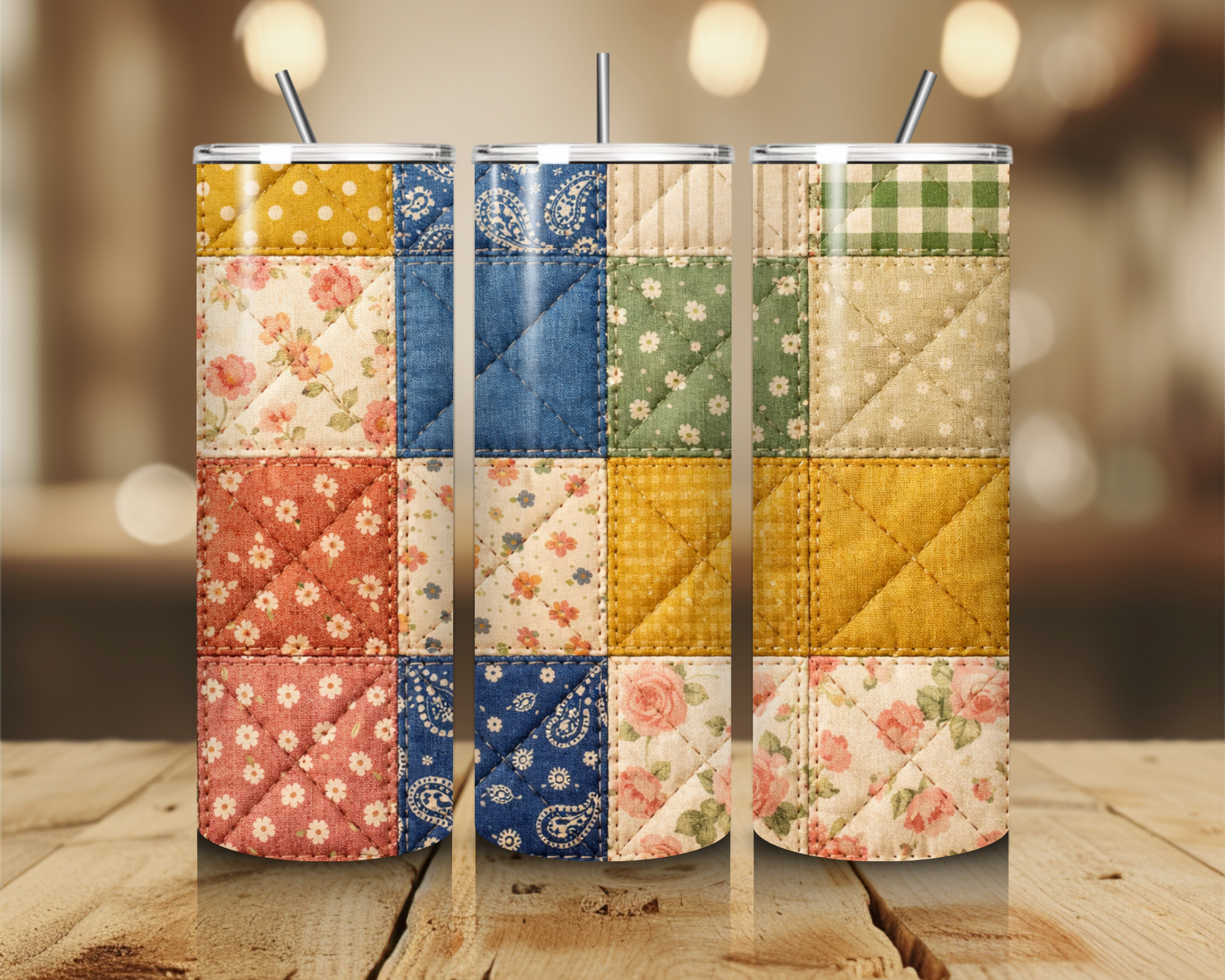 Vintage Patchwork Quilt 20oz Tumbler – Cottagecore Floral Quilt Stainless Steel Travel Cup – Country Farmhouse Coffee Tumbler