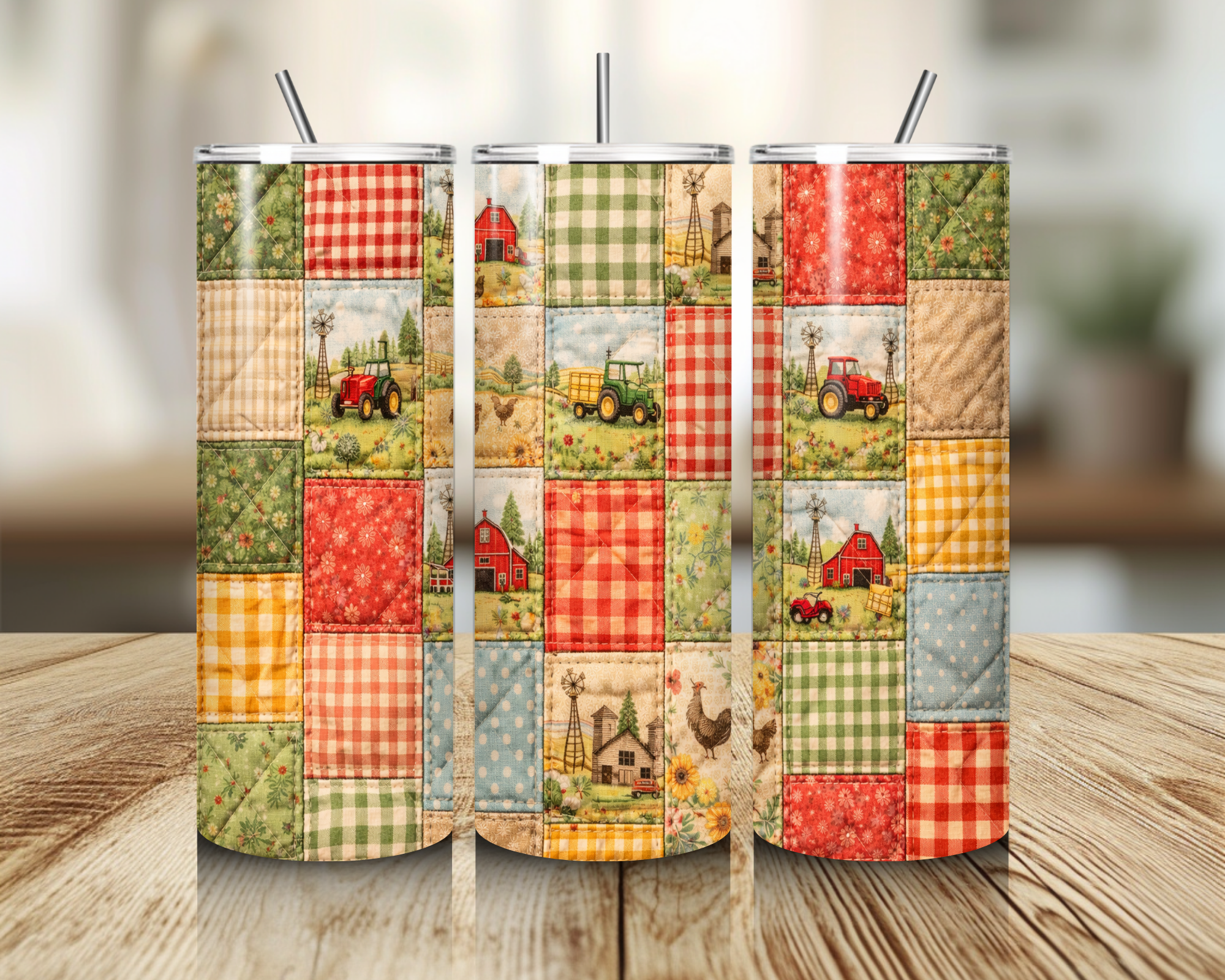 Farmhouse tractor Patchwork 20oz Skinny Tumbler with Straw | Vintage Quilt Country Cup | Rustic Farm Life Drinkware | Gift for Her