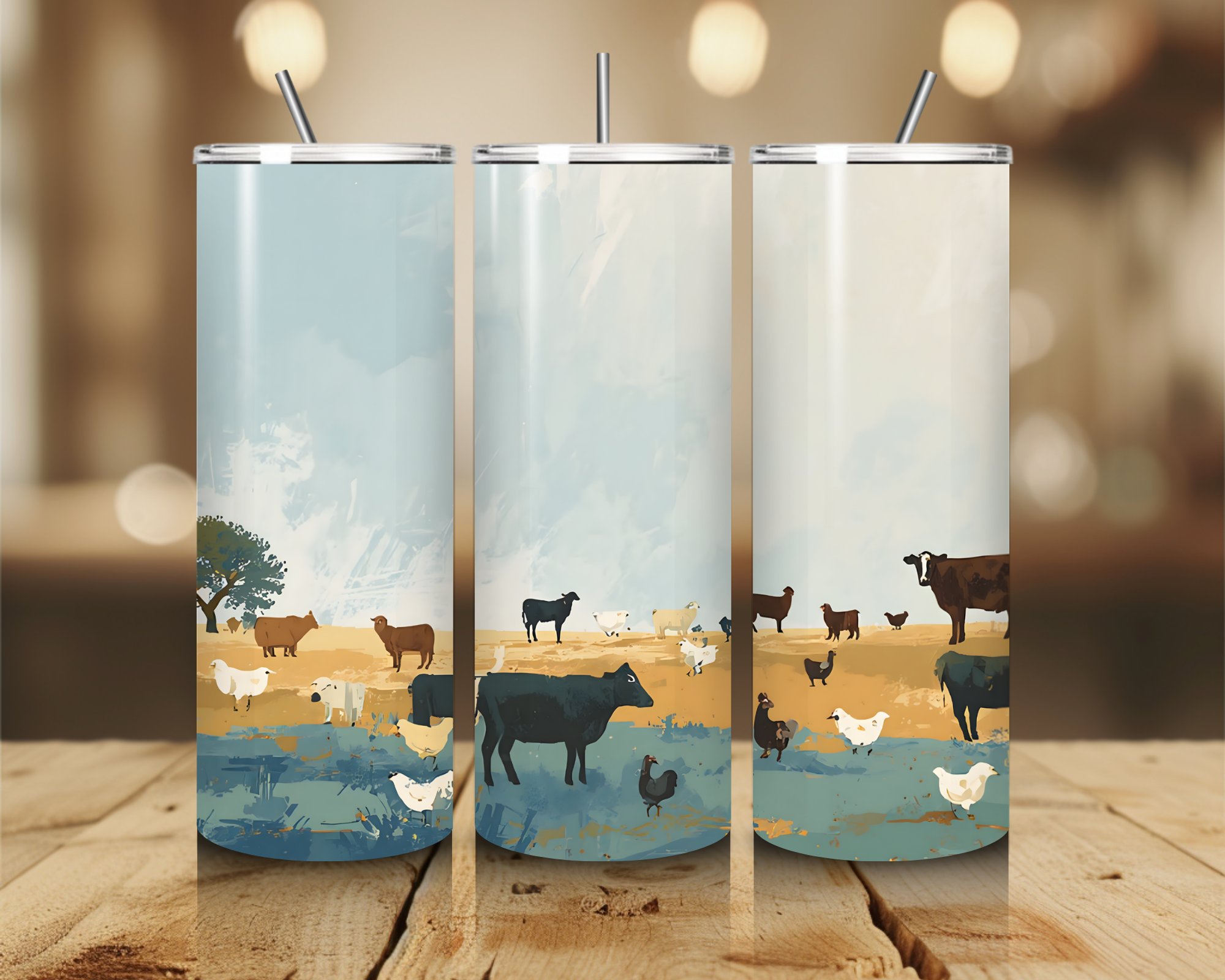 Farm Life Landscape 20oz Skinny Tumbler with Straw | Rustic Country Scene Cup | Cow & Chicken Farmhouse Drinkware | Gift for Her or Him