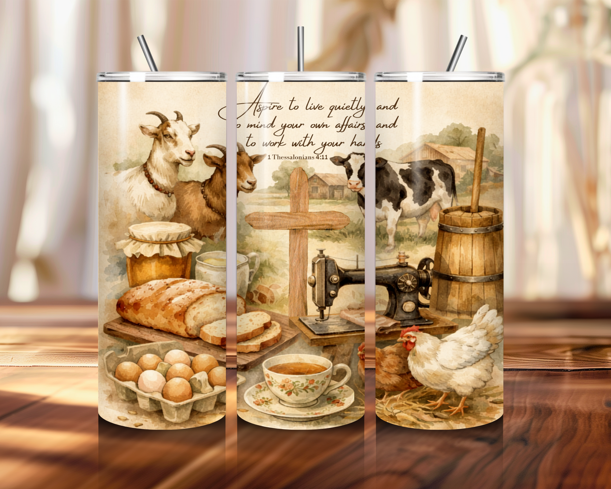 Homestead Farmhouse Scripture 20oz Tumbler – 1 Thessalonians 4:11 Christian Farm Scene Travel Cup – Rustic Country Faith Coffee Tumbler