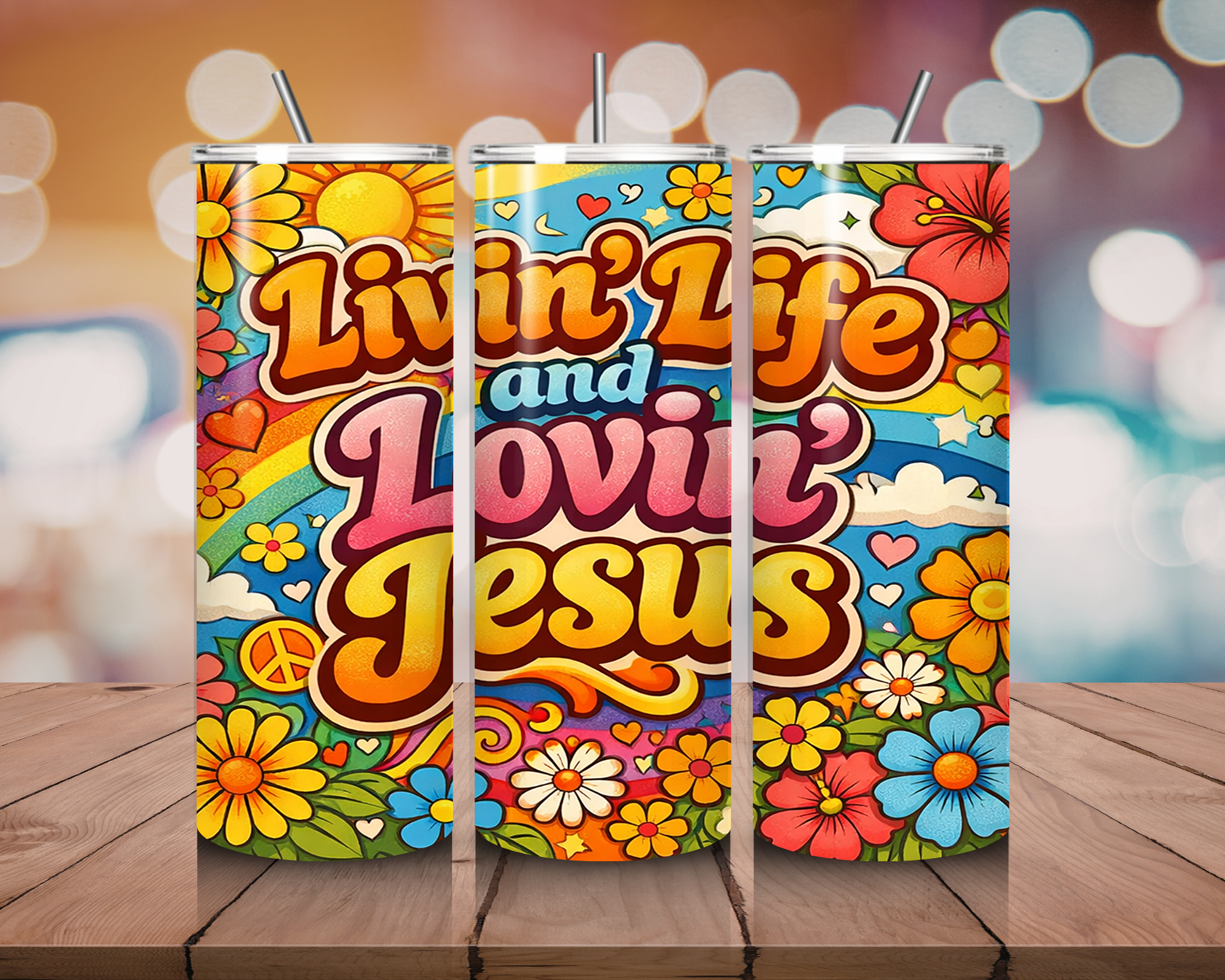 Livin’ Life and Lovin’ Jesus 20oz Tumbler – Retro Christian Rainbow Floral Stainless Steel Travel Cup – Hippie Faith Coffee Tumbler