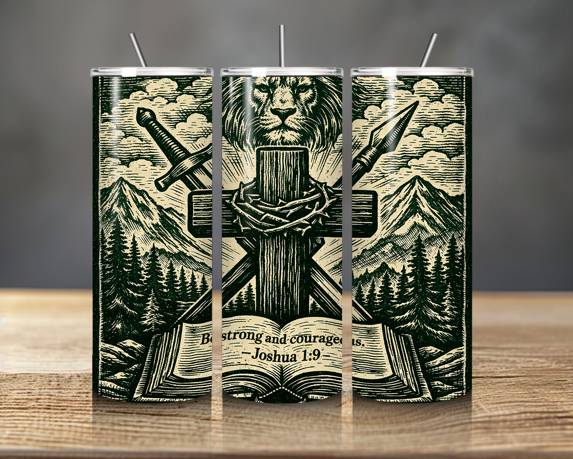 Be Strong and Courageous Christian 20oz Tumbler – Joshua 1:9 Bible Verse Cup – Lion Cross Christian Stainless Steel Travel Tumbler