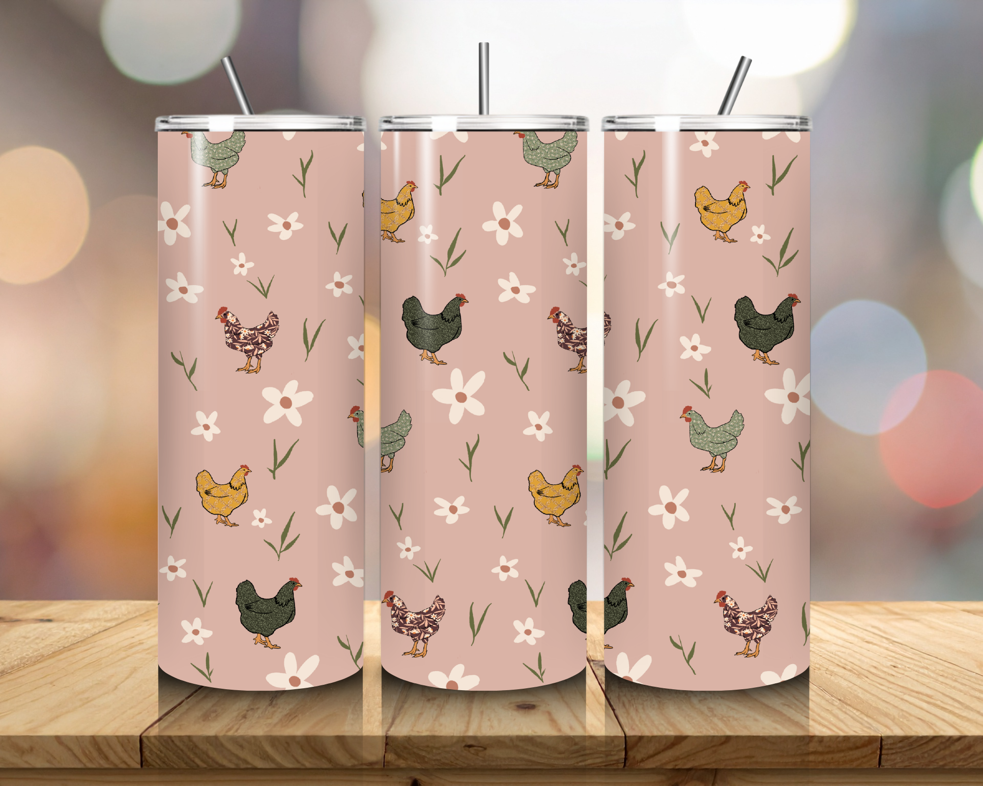 Farmhouse Chicken Daisy Tumbler – 20oz Skinny Tumbler with Straw | Rustic Cottagecore Floral Hen Cup | Gift for Chicken Lovers