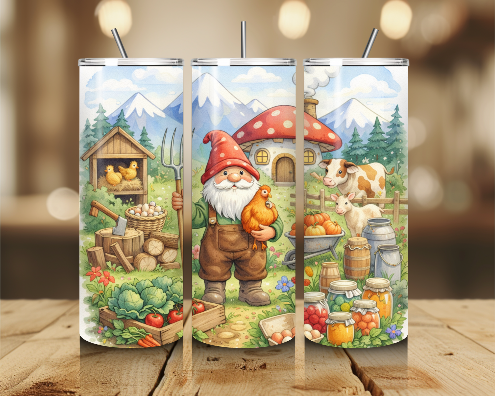 Whimsical Homesteading Gnome 20oz Tumbler – Cottagecore Farmhouse Gnome Stainless Steel Travel Cup – Chicken Coop Garden Tumbler