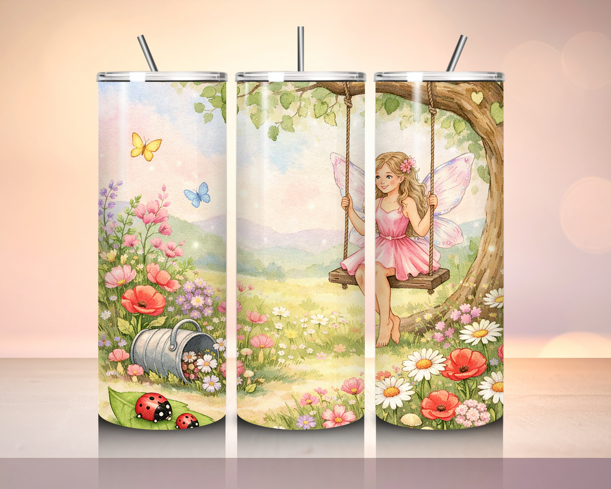 Whimsical Fairy Garden 20oz Tumbler – Cottagecore Floral Fairy Stainless Steel Travel Cup – Butterfly Garden Aesthetic Coffee Tumbler