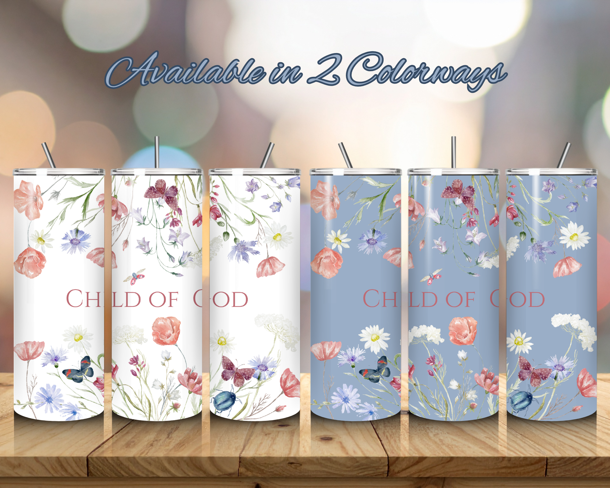 Child of God Floral 20oz Christian Tumbler – Faith Wildflower Stainless Steel Cup – Christian Gift for Women – Blue or White Floral Tumbler with Straw