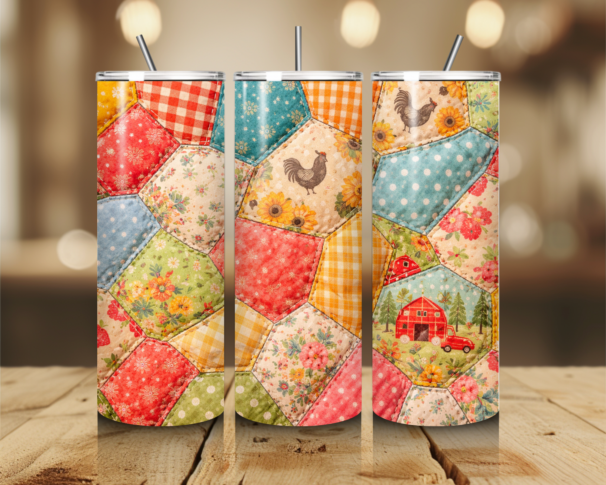 Colorful Farmhouse Patchwork 20oz Skinny Tumbler with Straw | Vintage Quilt Floral Cup | Rustic Country Drinkware | Gift for Her