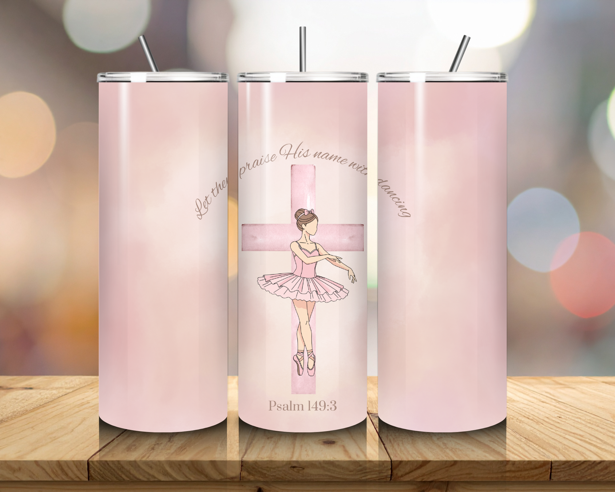 Christian Ballet Dancer 20oz Tumbler – Psalm 149:3 Scripture Cup – Faith Dance Gift – Pink Cross Ballet Tumbler with Straw
