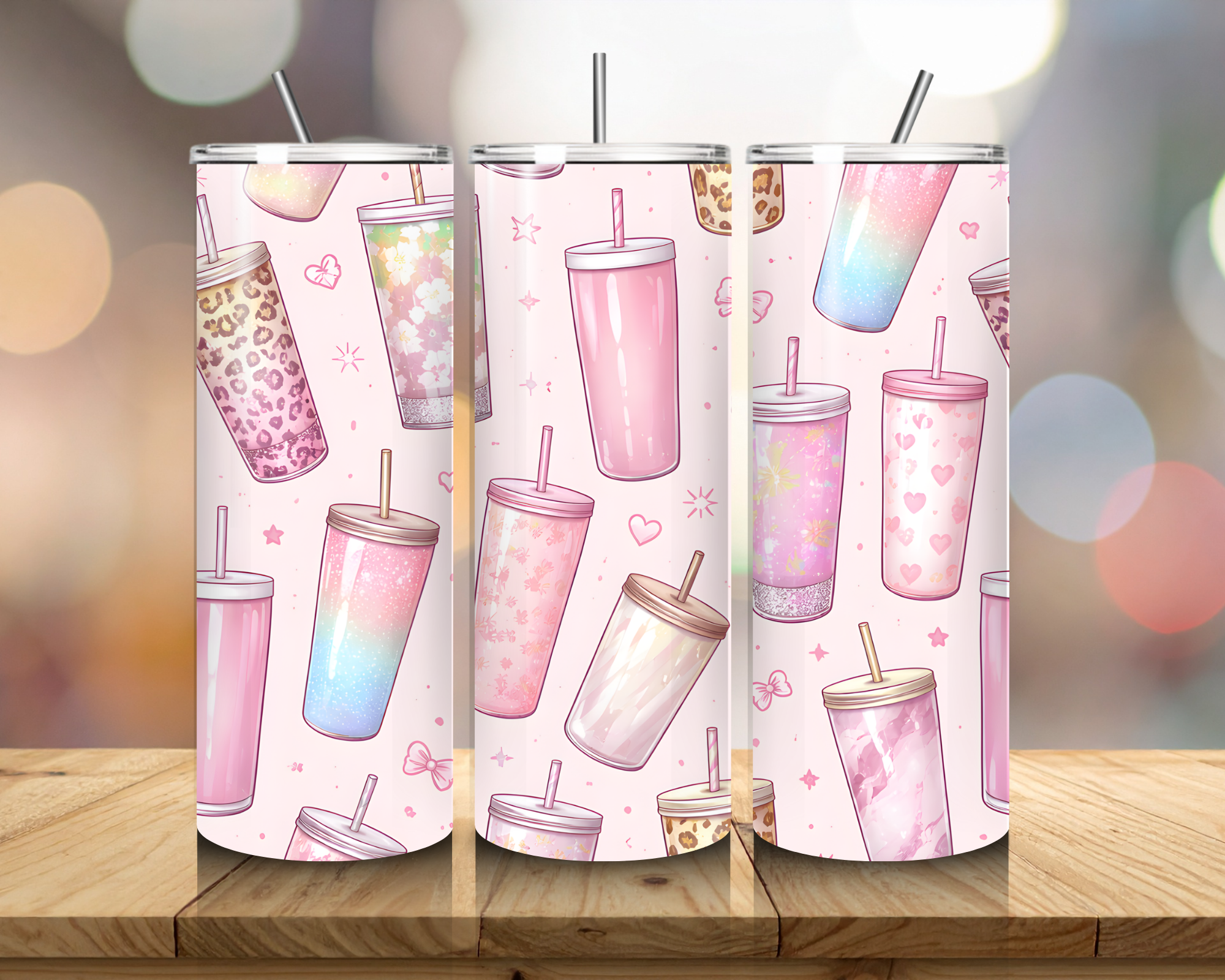 Pink Aesthetic 20oz Skinny Tumbler with Straw | Cute Glitter & Patterned Cup Design | Girly Drinkware | Gift for Her