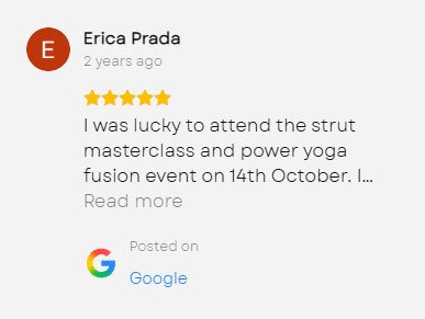 Screenshot of a Google review by Erica Prada giving five stars for a strut masterclass and power yoga fusion event on October 14th.