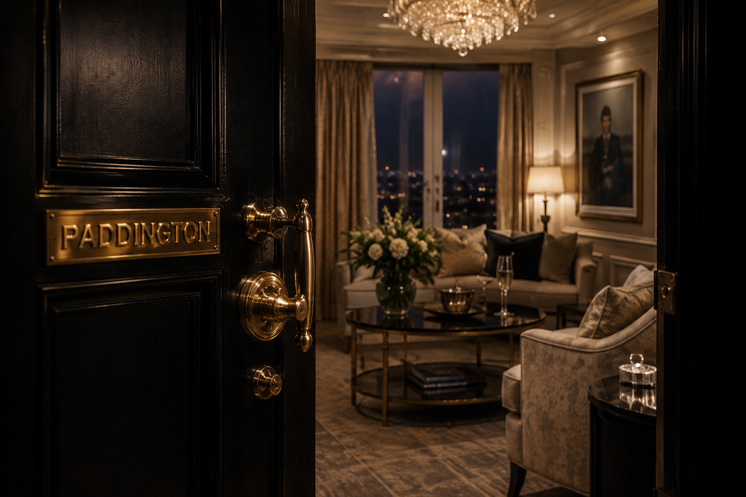 Luxury apartment doorway with a brass Paddington nameplate opening into an elegant sitting room