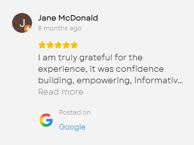 Screenshot of a Google review from Jane McDonald, giving a five-star rating and expressing gratitude for a confidence-building experience.