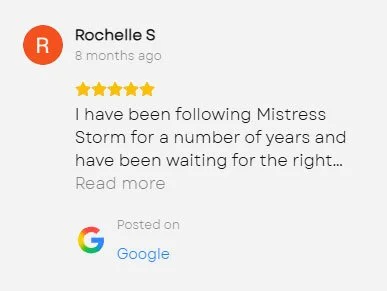 Screenshot of a Google review from Rochelle S praising Mistress Storm, with a five-star rating, posted eight months ago.