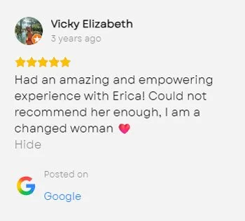 Customer review by Vicky Elizabeth praising Erica for an empowering experience, five stars.