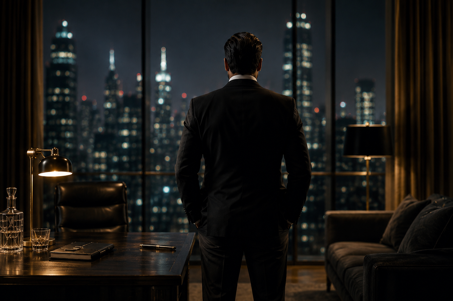Powerful man in a tailored suit looking over a city skyline from a luxury interior