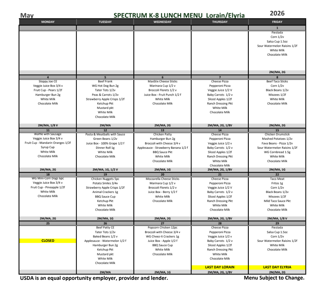 May 2026 - K-8 Lunch Menu