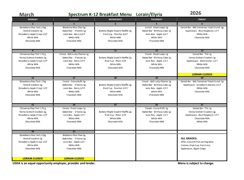 Breakfast menu for Spectrum K-12 in Lorain/Elyria, March 2026, featuring options like strawberry pop-tart, cinnamon pop-tart, blueberry rice check, and various baked items, with a note that Lorain is closed on the 30th and 31st.