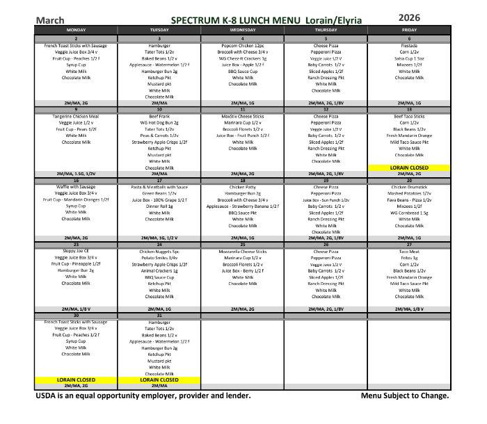 School lunch menu for Lorain/Elyria in March 2026, listing daily meals including sandwiches, pizza, chicken, pasta, and vegetarian options, with some days marked as closed.