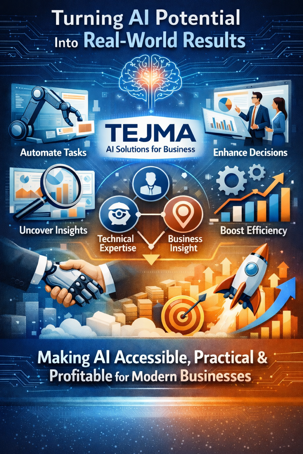 A digital poster promotes TEJMA's AI solutions for business. It features robotic arms, business professionals analyzing data on screens, and a brain icon. Text highlights benefits like automating tasks, uncovering insights, enhancing decisions, boosting efficiency, and making AI accessible and profitable for modern businesses.