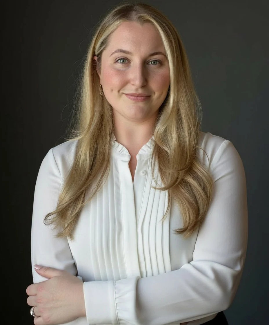 Portrait of a blonde woman with blue eyes wearing a white blouse, smiling softly, against a dark background.