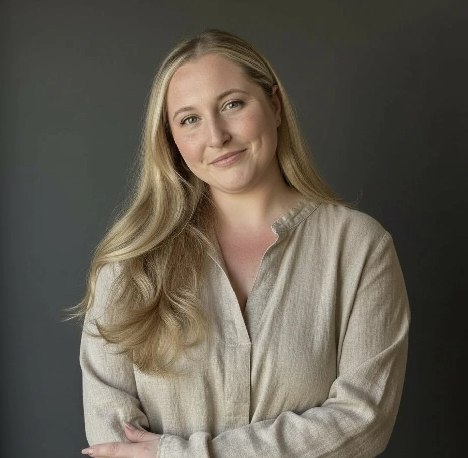 A woman with long blonde hair, light skin, and a gentle smile wearing a beige blouse, standing against a dark background.