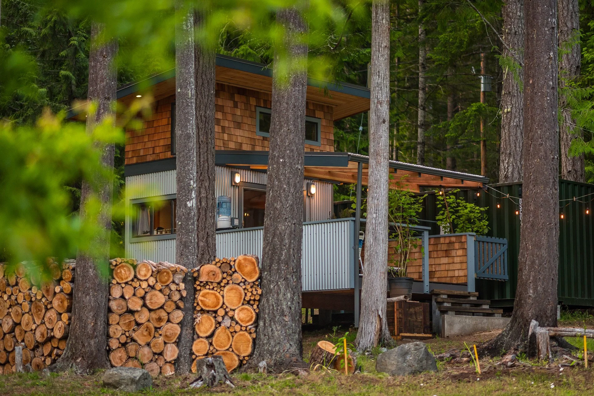 Modern two-story house with wood and metal exterior, surrounded by tall pine trees, with a wood pile in the foreground.