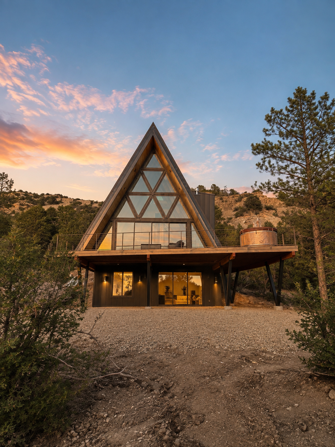 A modern A-frame house with a large glass facade, built on stilts on a rocky terrain, surrounded by trees, with a sunset sky in the background.