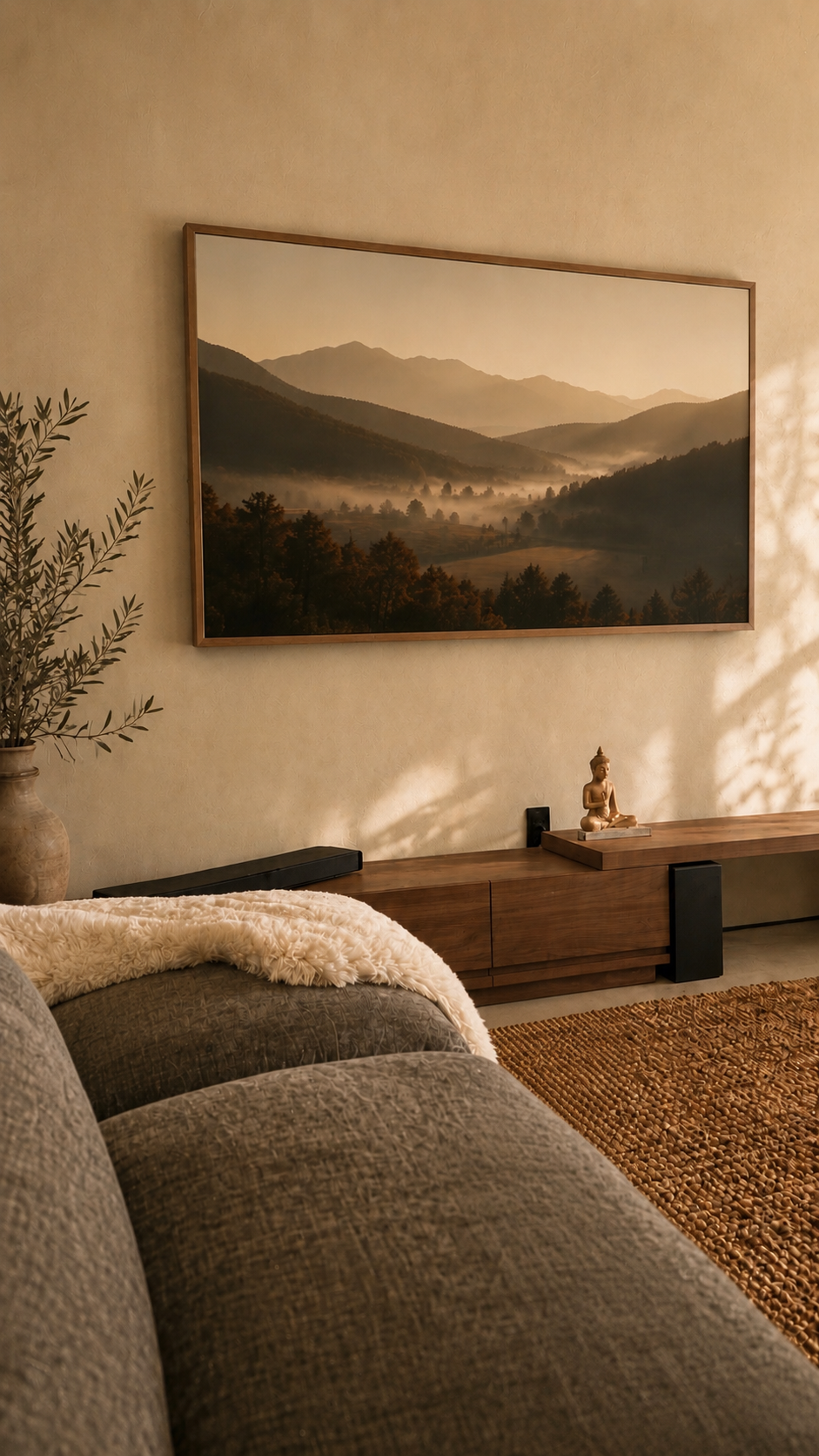 Living room with a large landscape painting of mountains and mist on the wall, a gray sofa with a white throw, a wooden console with a Buddha statue, a plant in a pot, and a textured rug.
