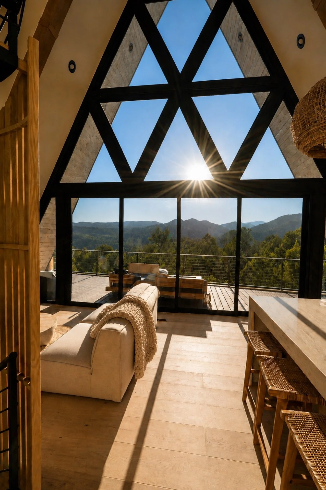 Living room with large glass window overlooking mountains, sunlight shining through, beige sofa with knitted throw, wooden chairs, and rustic decor.