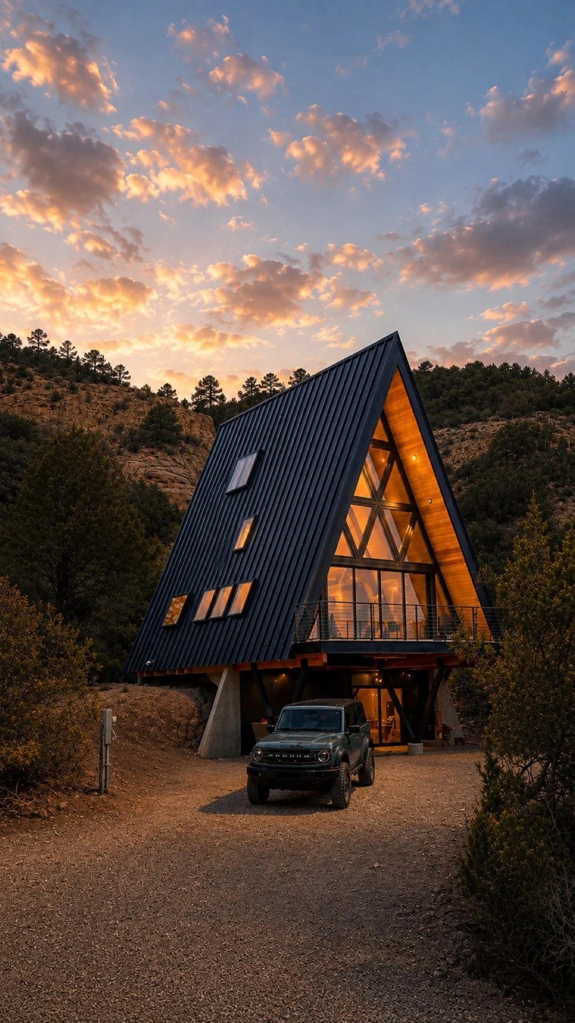 A modern A-frame house with large glass windows at sunset, surrounded by trees and a rocky hillside, with a black vehicle parked in front.