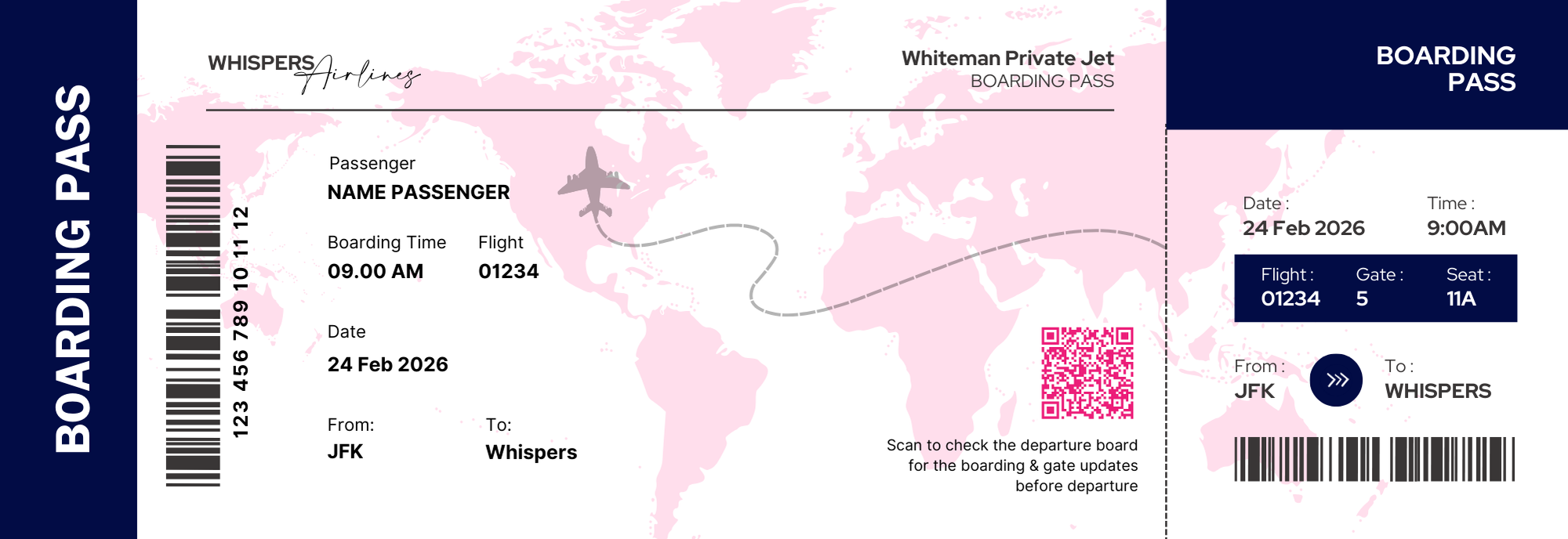 Boarding pass for whisper airlines, flight 01234, from JFK to Whispers, scheduled for February 24, 2026, at 9:00 a.m. with seat 11A, gate 5. The pass features a pink world map background, a gray airplane icon, and a pink QR code on the right.