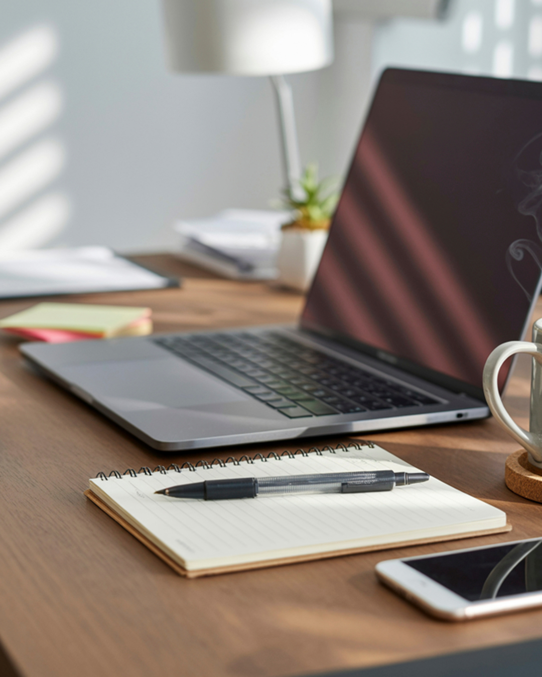 Author Laptop and notebook on desk.