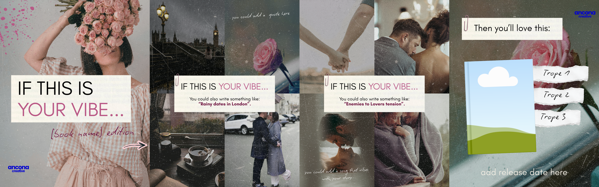 Examples of social media template for a romance authors. A carousel featuring various romantic and lifestyle scenes, with prompts about expressing personal vibes. The carousel has inspirational and romantic themes.