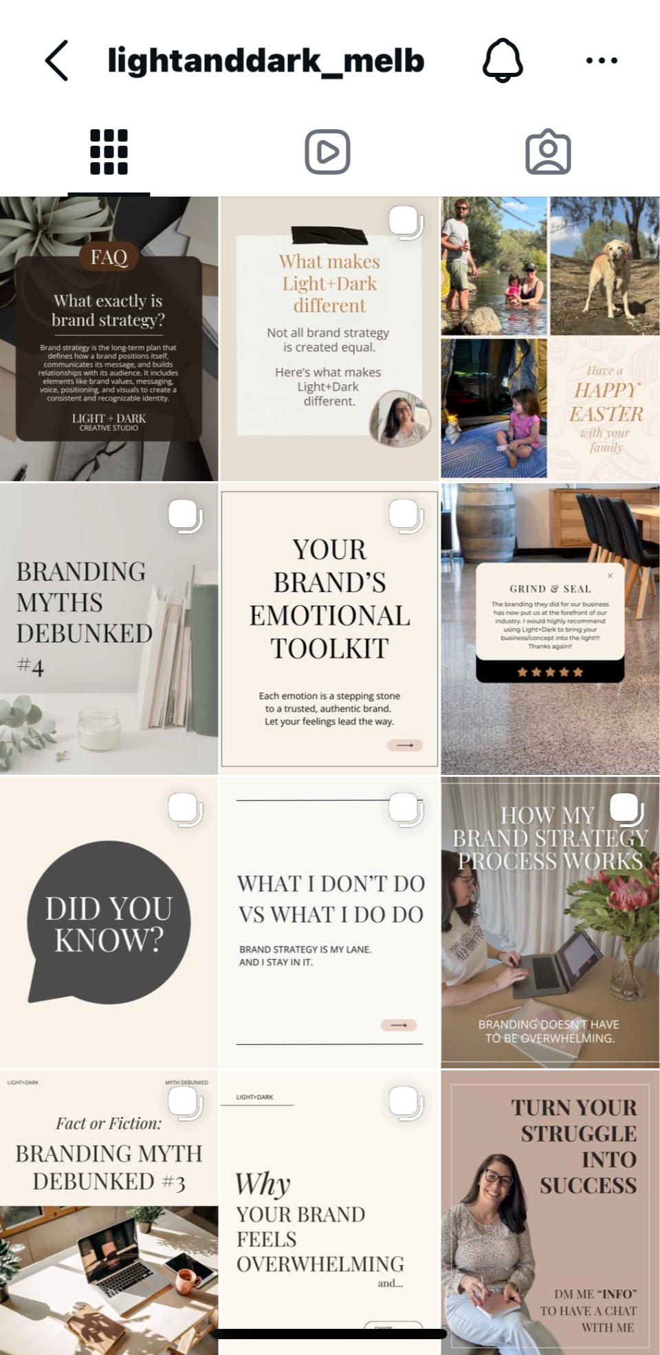 Instagram profile page of 'lightanddark_melb' showing a grid of social media posts and stories about branding and marketing strategies with titles like 'What makes Light+Dark different,' 'Your brand's emotional toolkit,' and 'Turn your struggle into success'.