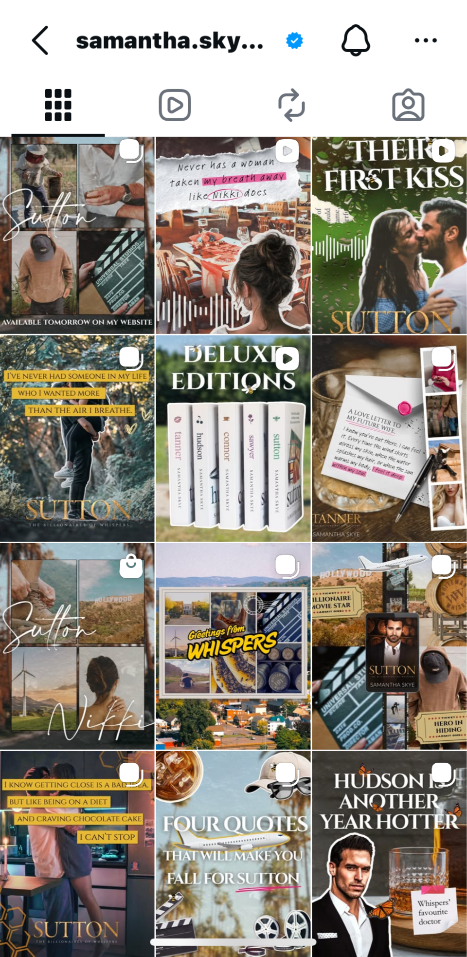 Instagram profile page of samantha.skye with various photos and graphics, including quotes, book covers, and scenes with people.