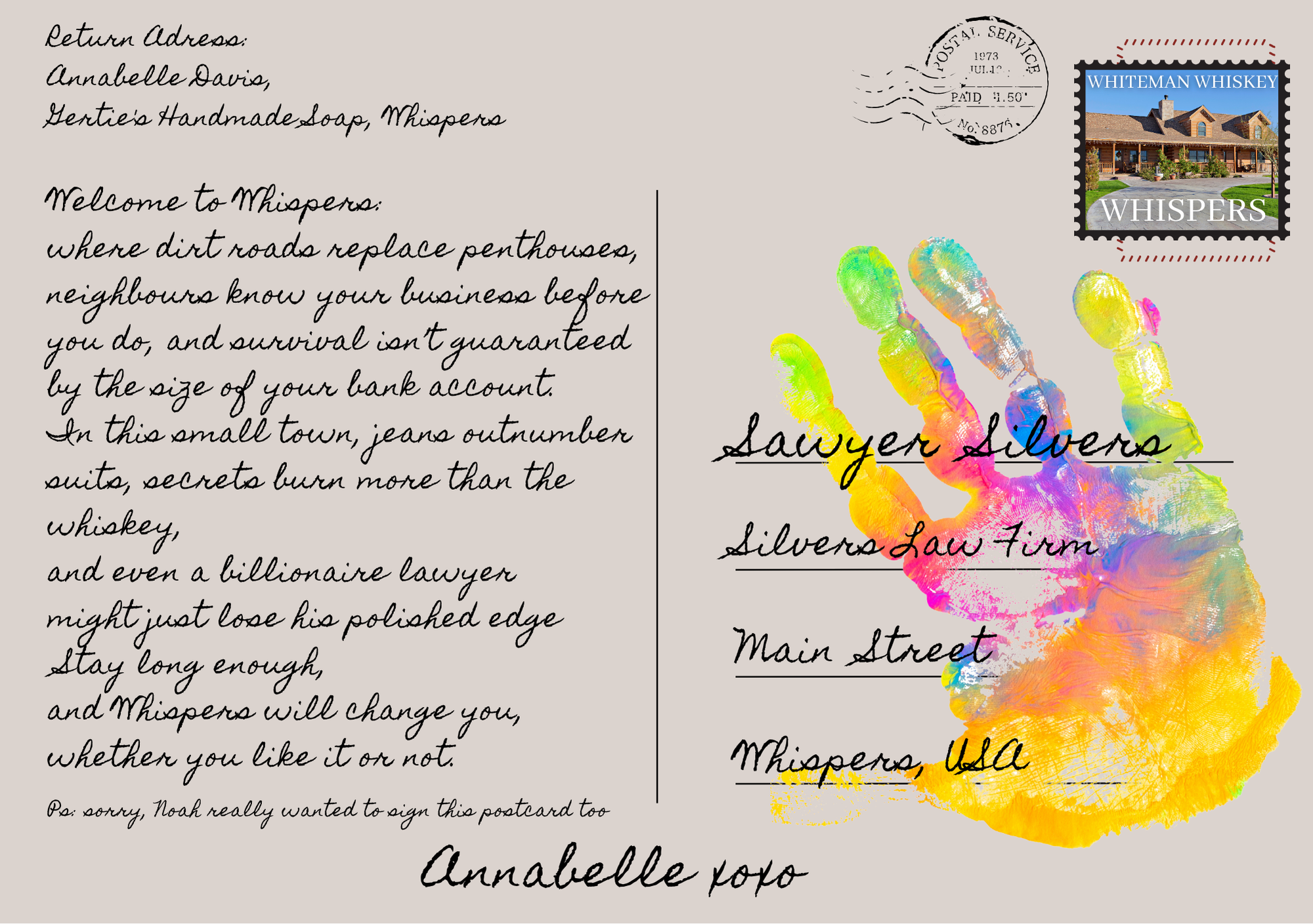 A colorful handprint with rainbow hues on the right side of a postcard. The postcard features handwritten text on the left side and a postage stamp in the upper right corner.