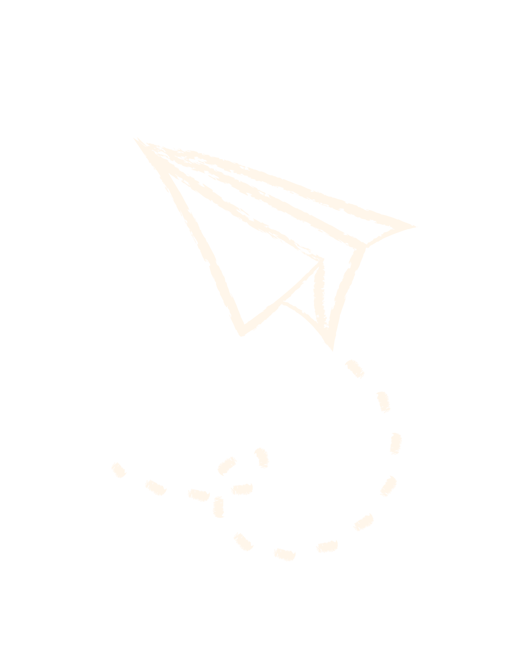 Hand-drawn illustration of a paper airplane with a dashed line indicating its flight path.