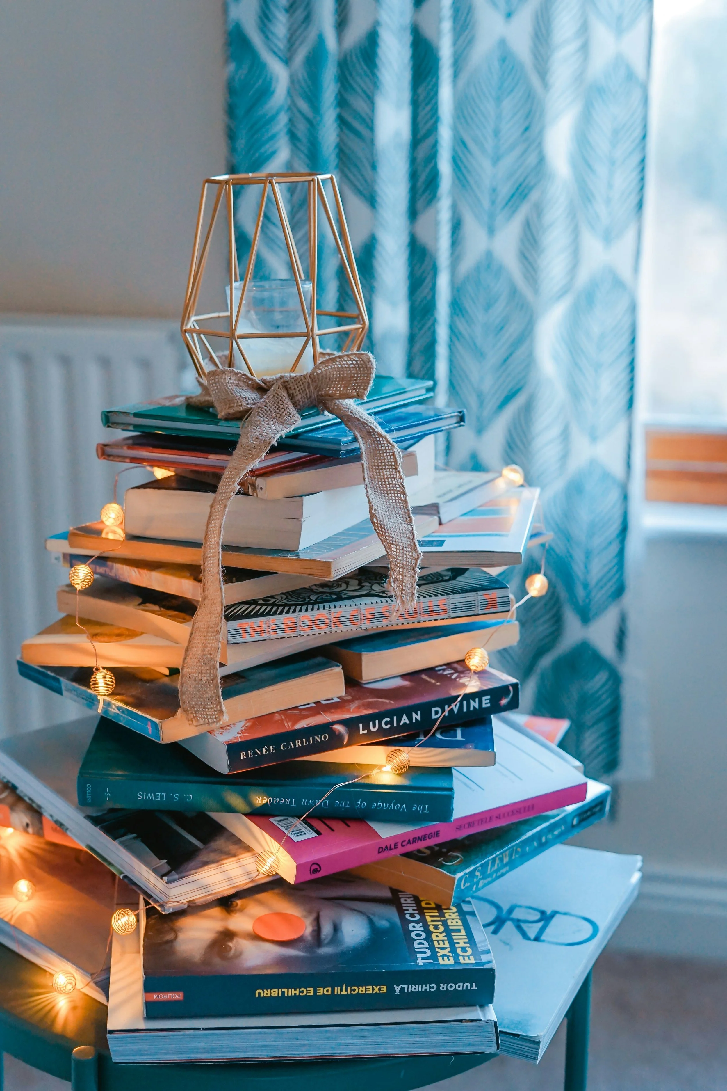 Book stack with fairy lights