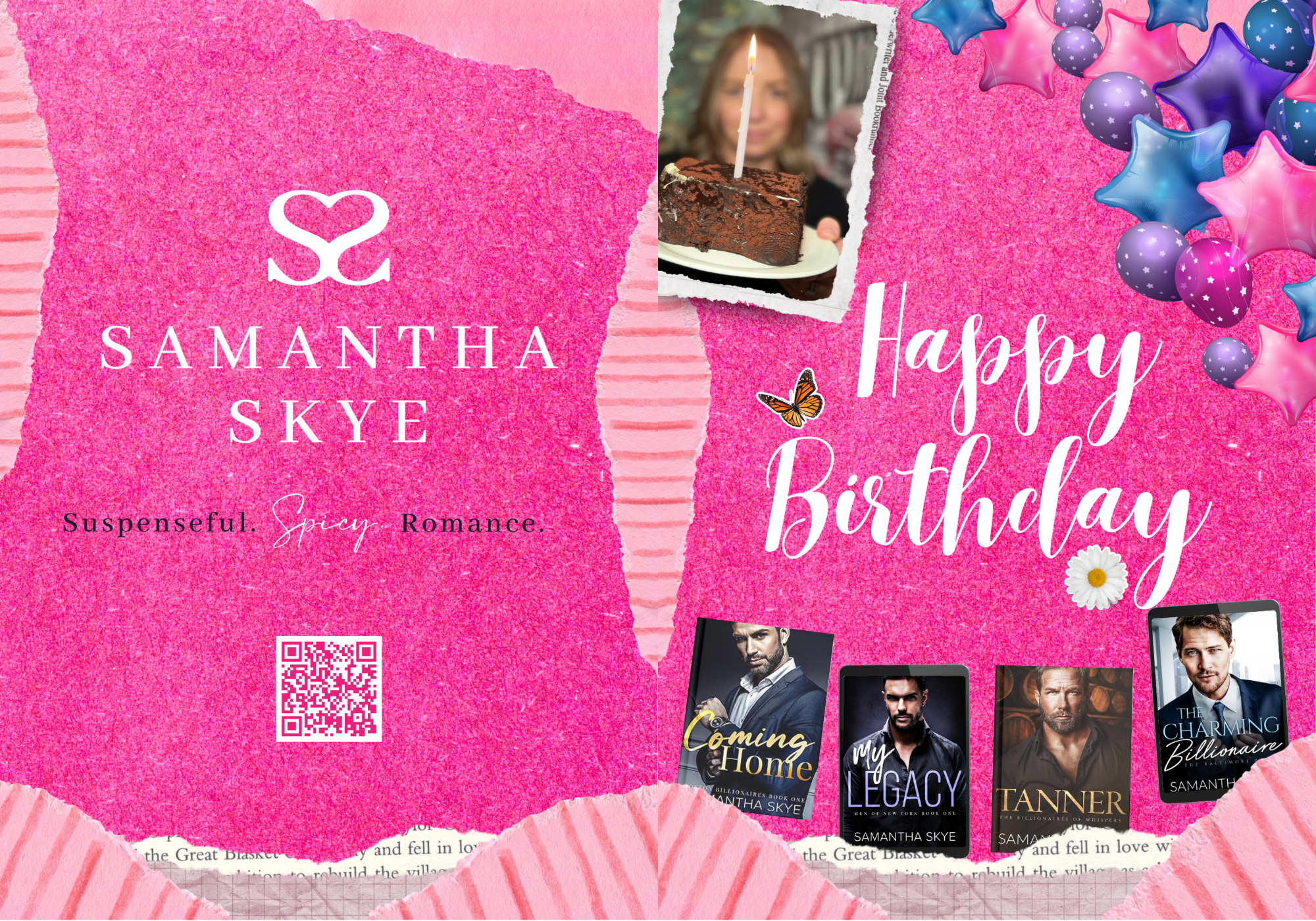 Pink birthday card designed by ancona creative featuring romance author Samantha Skye, with a small photograph of a woman holding a birthday cake with a lit candle, pink and purple balloons, and images of four books by Samantha Skye